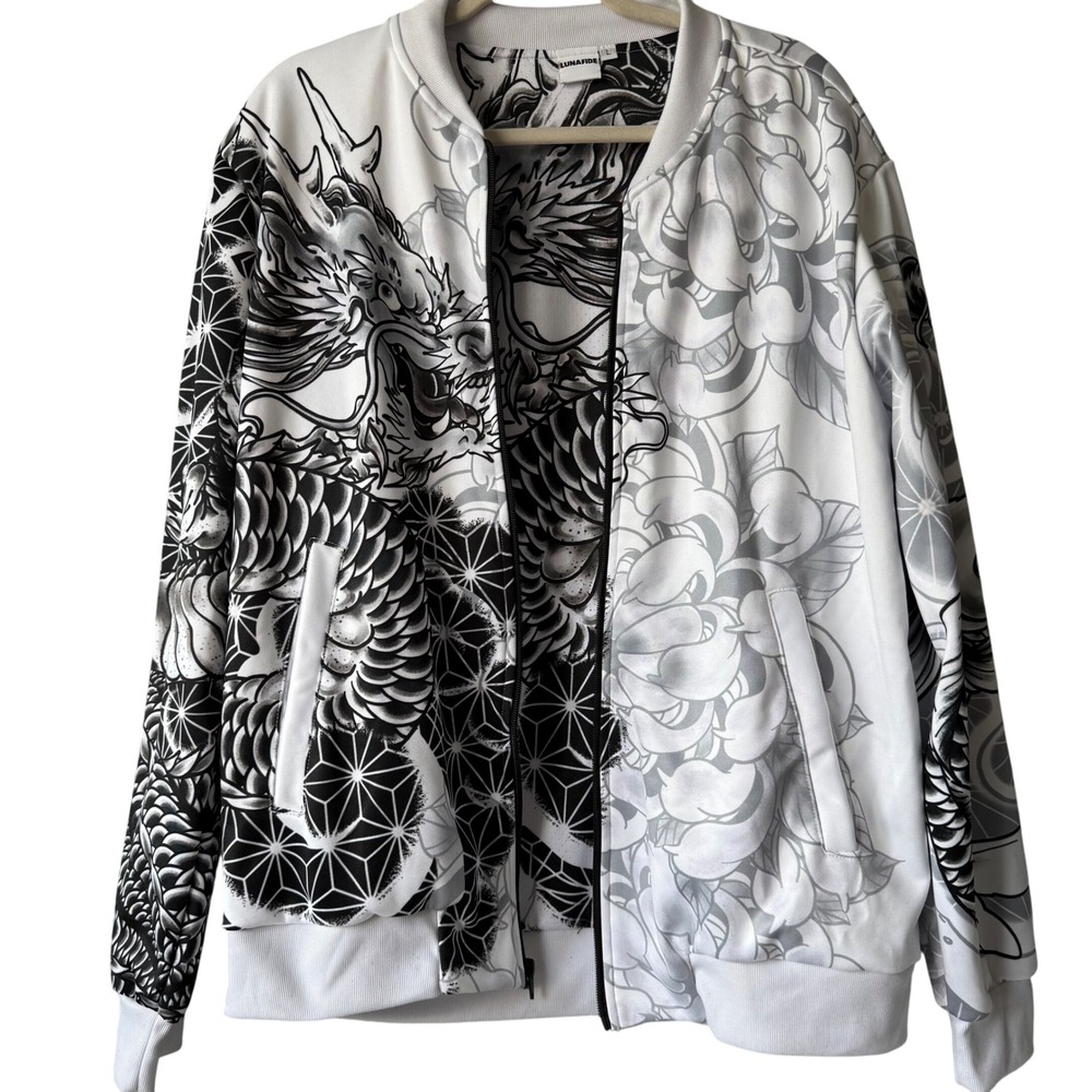 Lunafide‎ Black White Dragon Bomber Jacket Men's Large Japanese Tattoo Art
